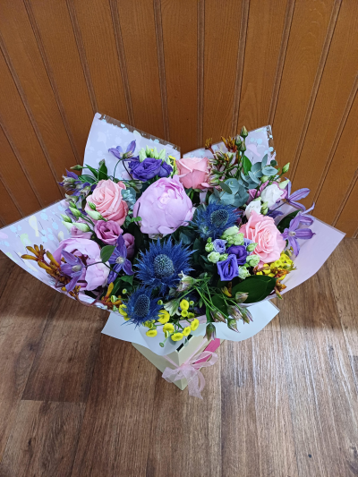 Summer Beauty - Beautiful mixed bouquet of summer flowers, presented in an aqua bubble and in a pretty box. Flowers and colours may vary.